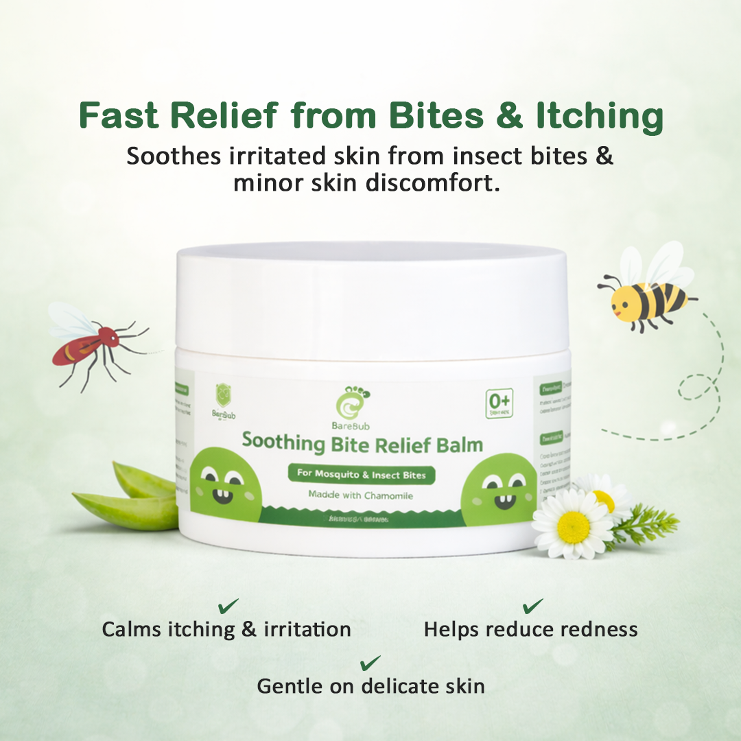 Soothing Bite Relief Balm container with text on a green background