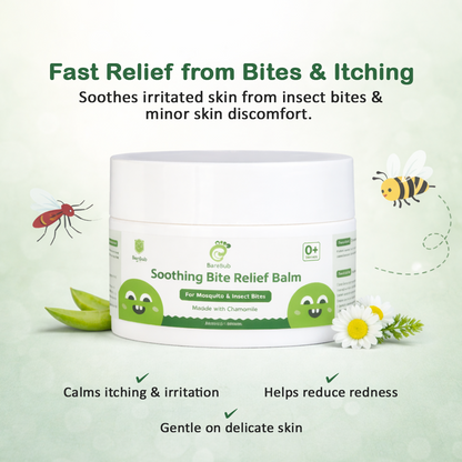Soothing Bite Relief Balm container with text on a green background
