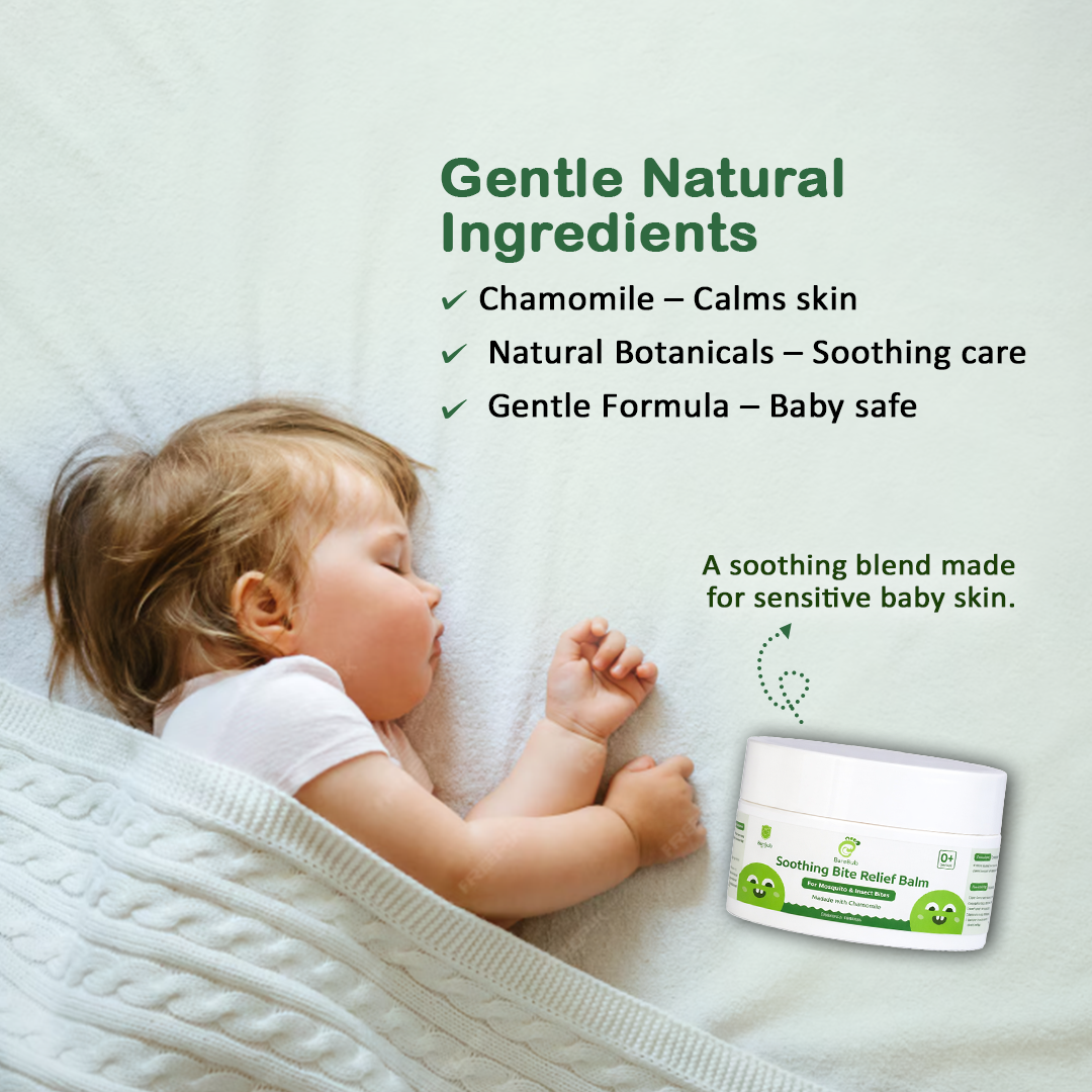 Baby lying down with a product container labeled 'Gentle Natural Ingredients' on a white background