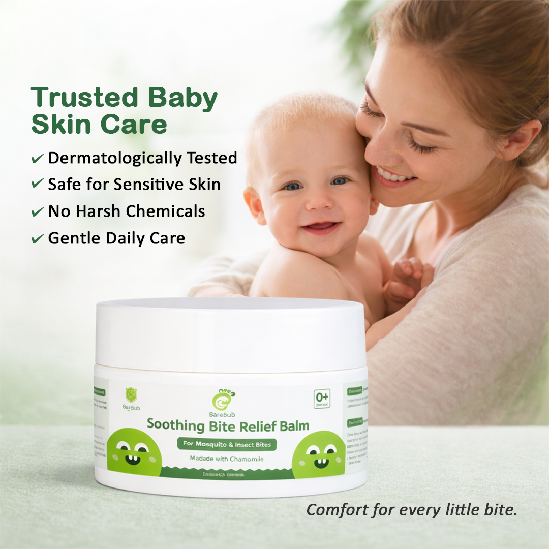 Woman holding a baby with a jar of 'Soothing Bite Relief Balm' on a light green background
