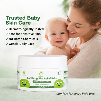 Woman holding a baby with a jar of 'Soothing Bite Relief Balm' on a light green background