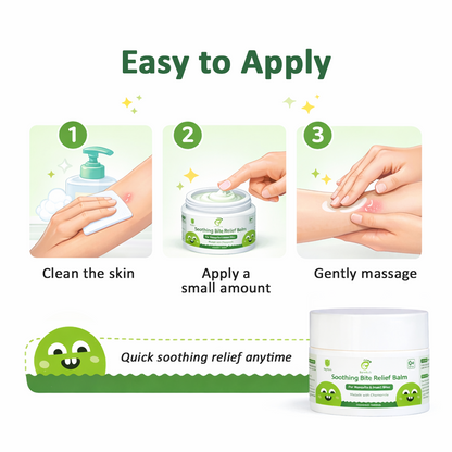 Instructions for applying a soothing balm with images of hands cleaning, applying, and massaging the balm.