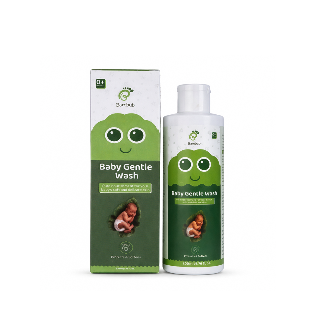 Barebub Baby Gentle Wash packaging and bottle on a white background