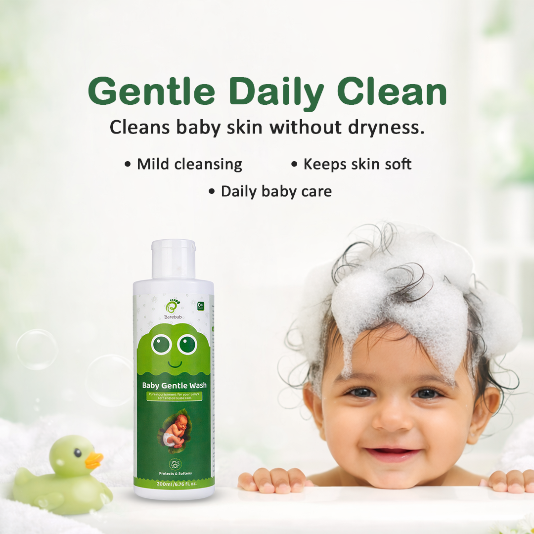 Baby gentle wash bottle with a child in a bath, text about gentle daily cleaning.
