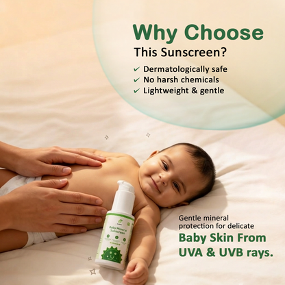 Baby lying on a bed with a bottle of sunscreen, surrounded by text highlighting product benefits.