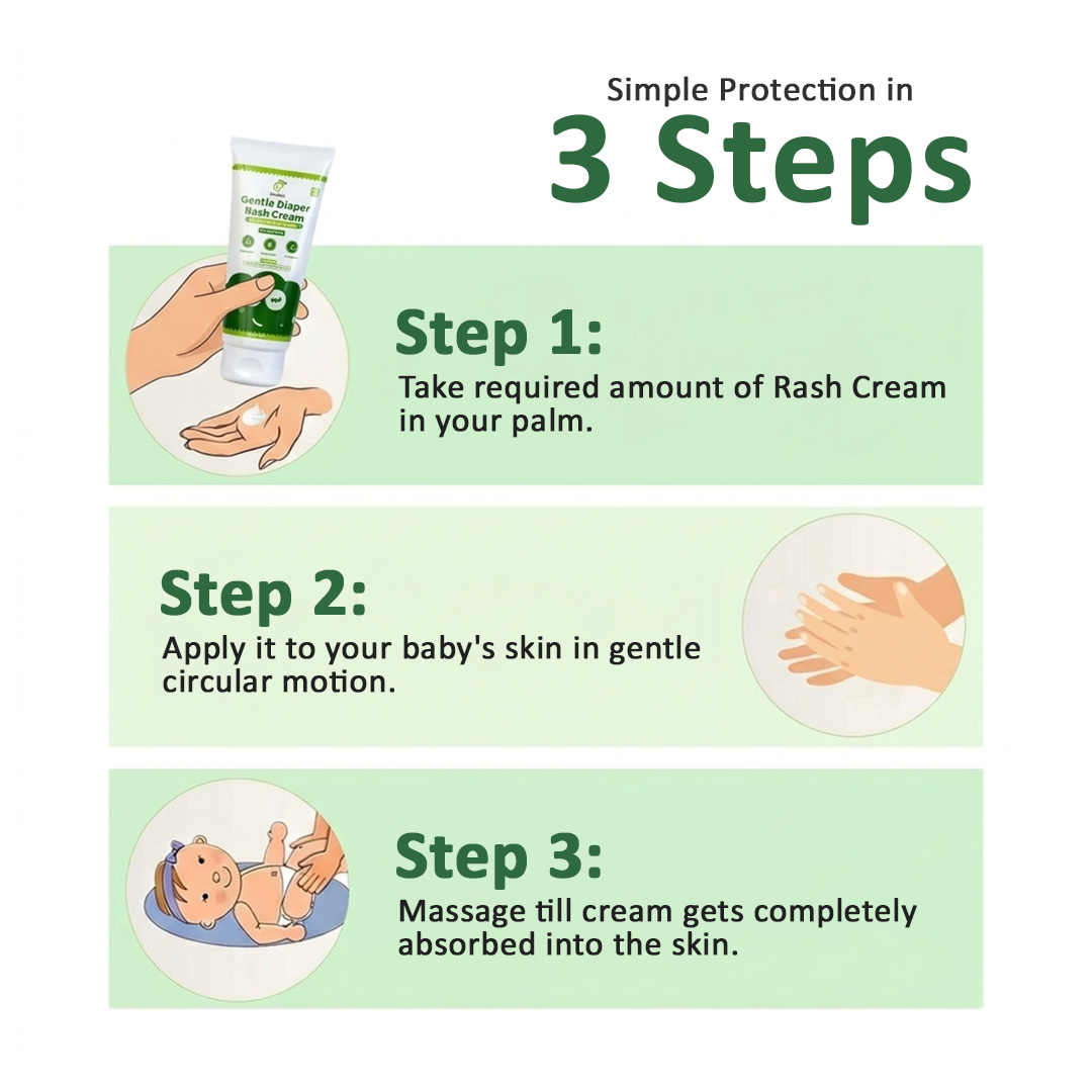 Instructions for using rash cream on a baby with illustrations and text.
