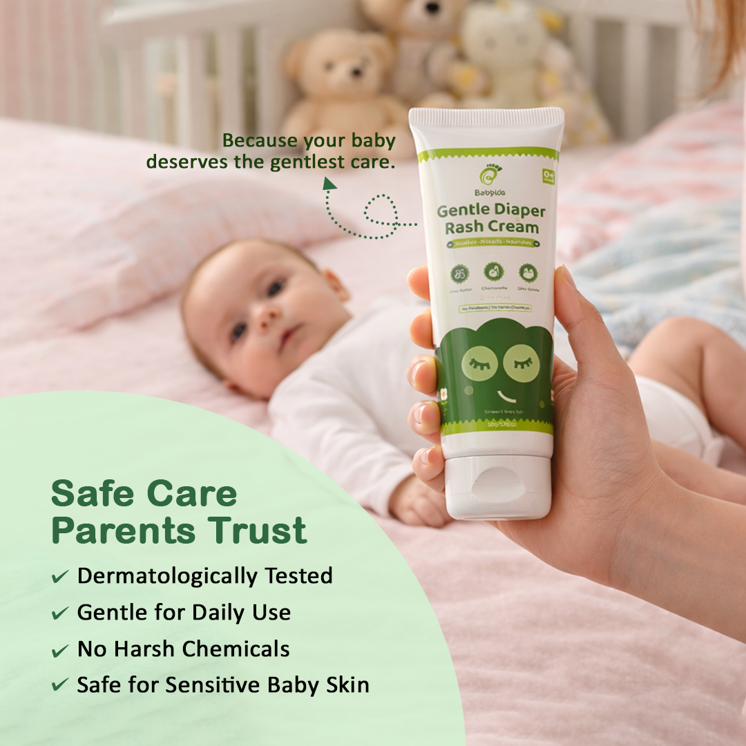Baby with a tube of gentle diaper rash cream in a crib, with text highlighting product features.