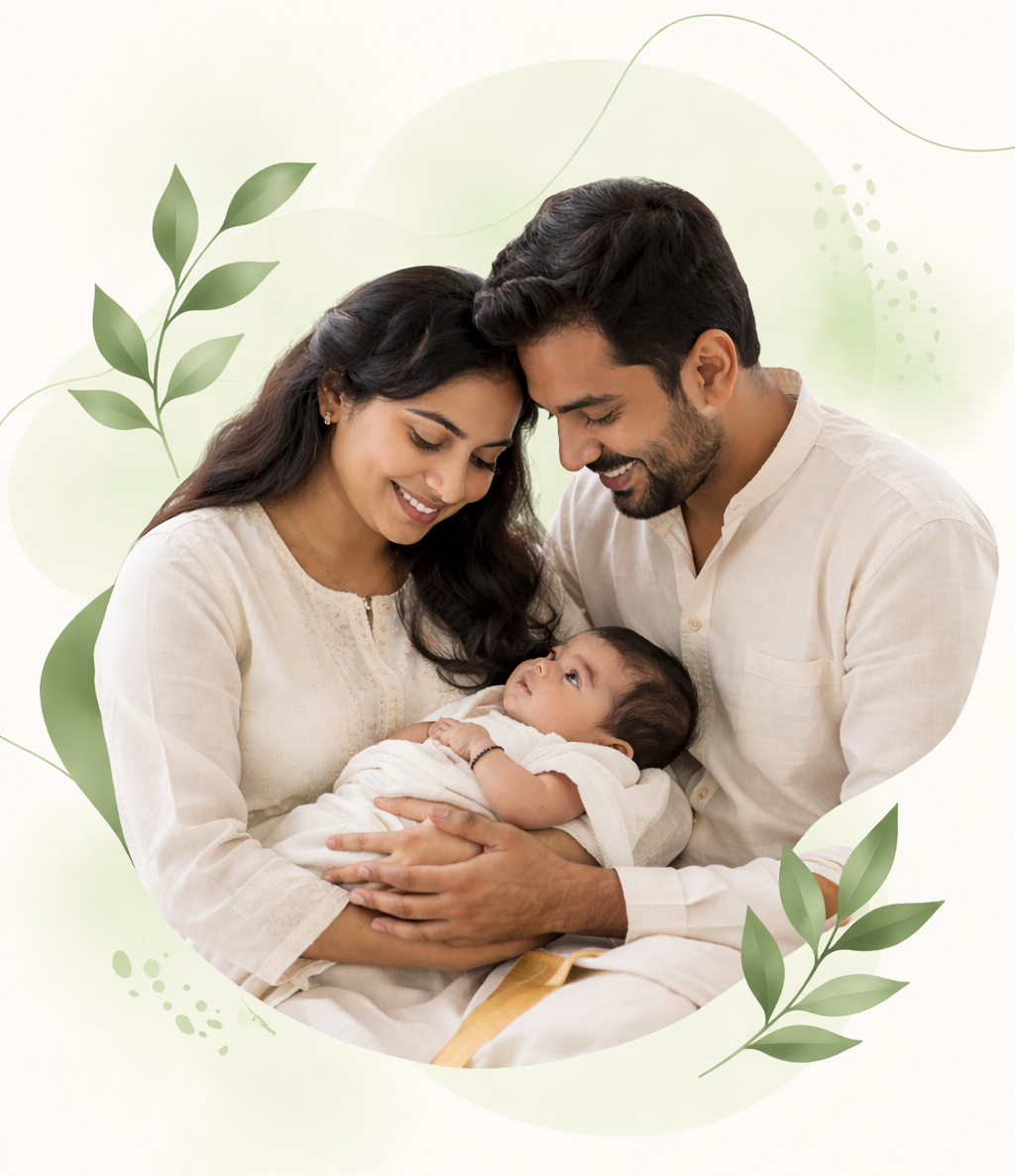 Family of three with a baby, surrounded by green leaves on a light background