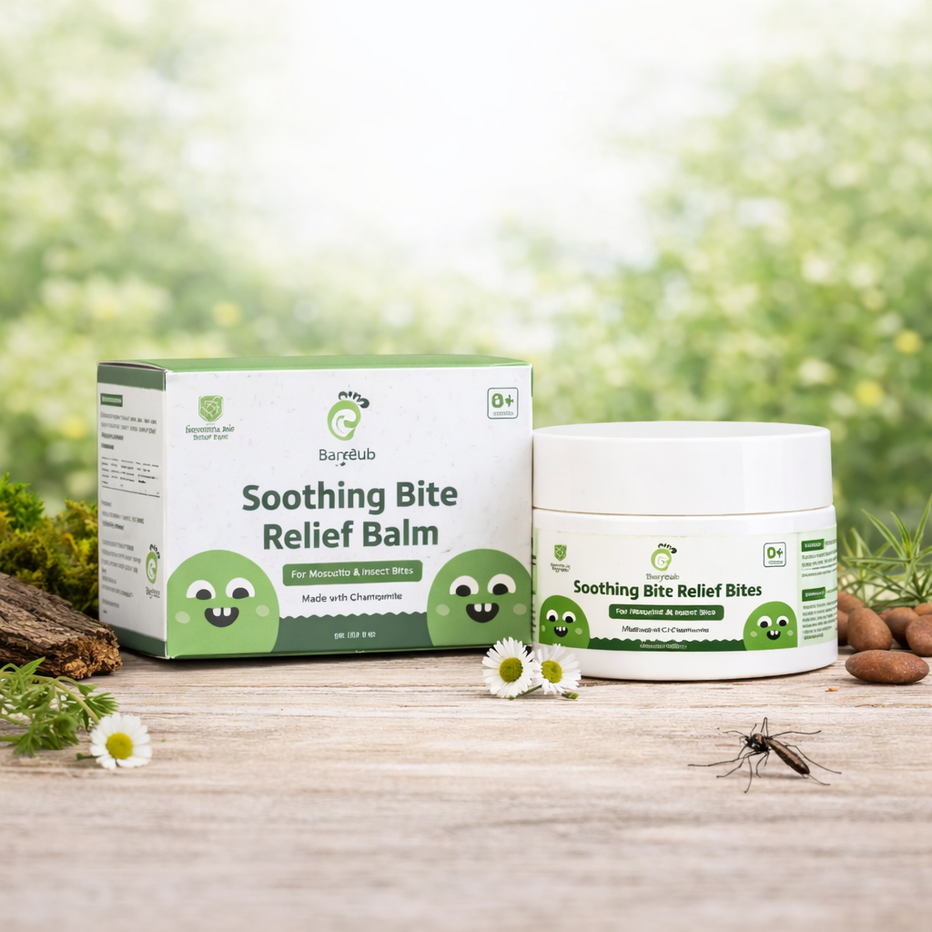 BareRub Soothing Bite Relief Balm packaging with balm jar on a natural background