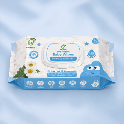 Barebub premium baby wipes packaging on a light blue background