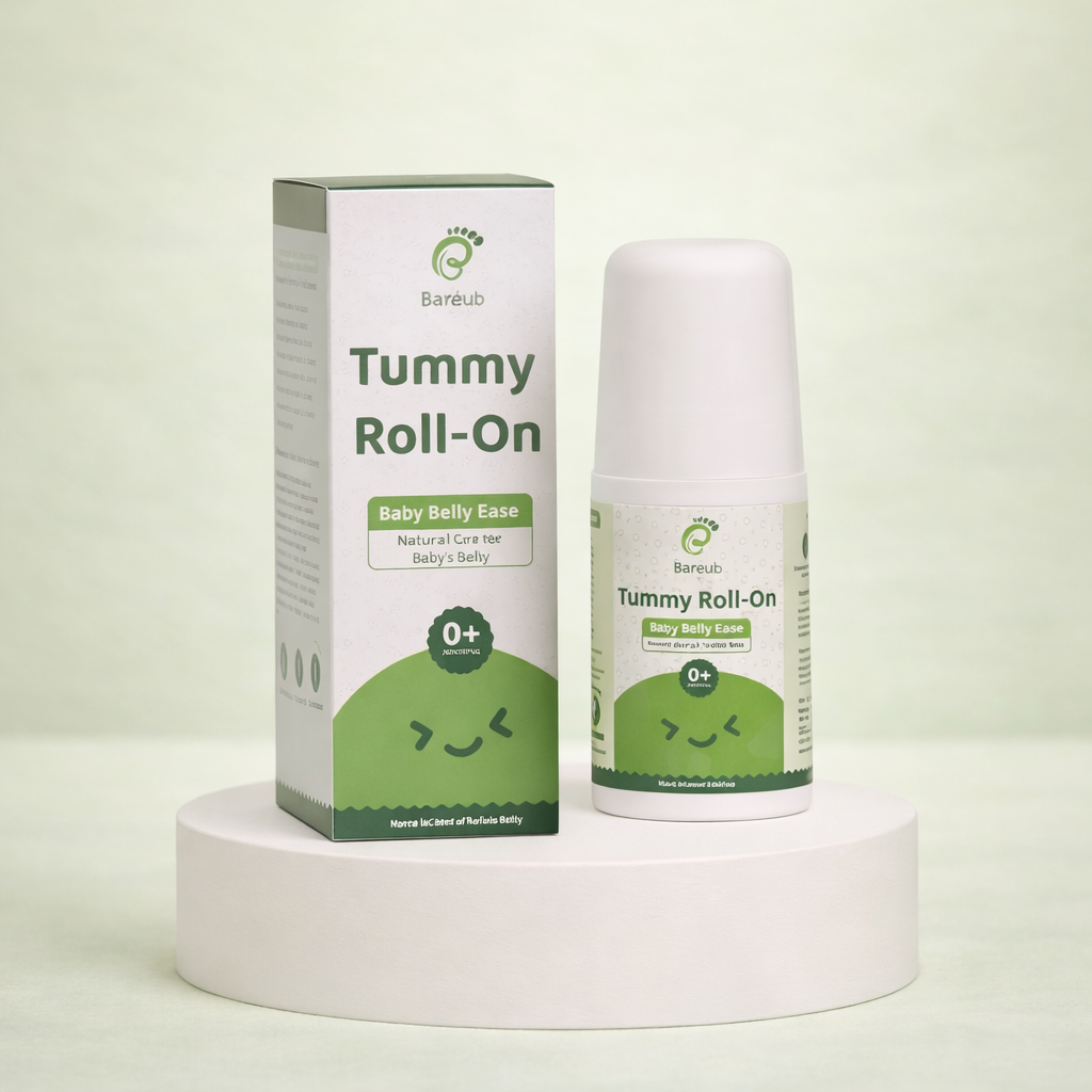 Bareulu Tummy Roll-On for baby belly ease on a white pedestal with a light green background