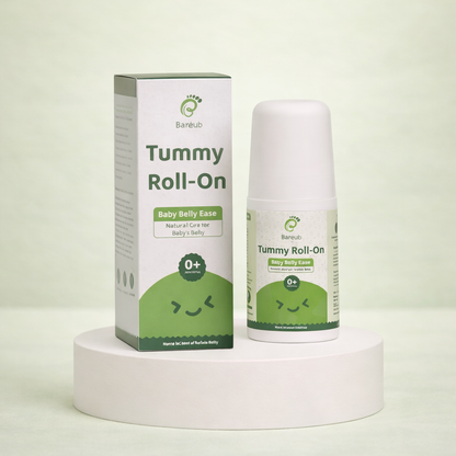 Bareulu Tummy Roll-On for baby belly ease on a white pedestal with a light green background