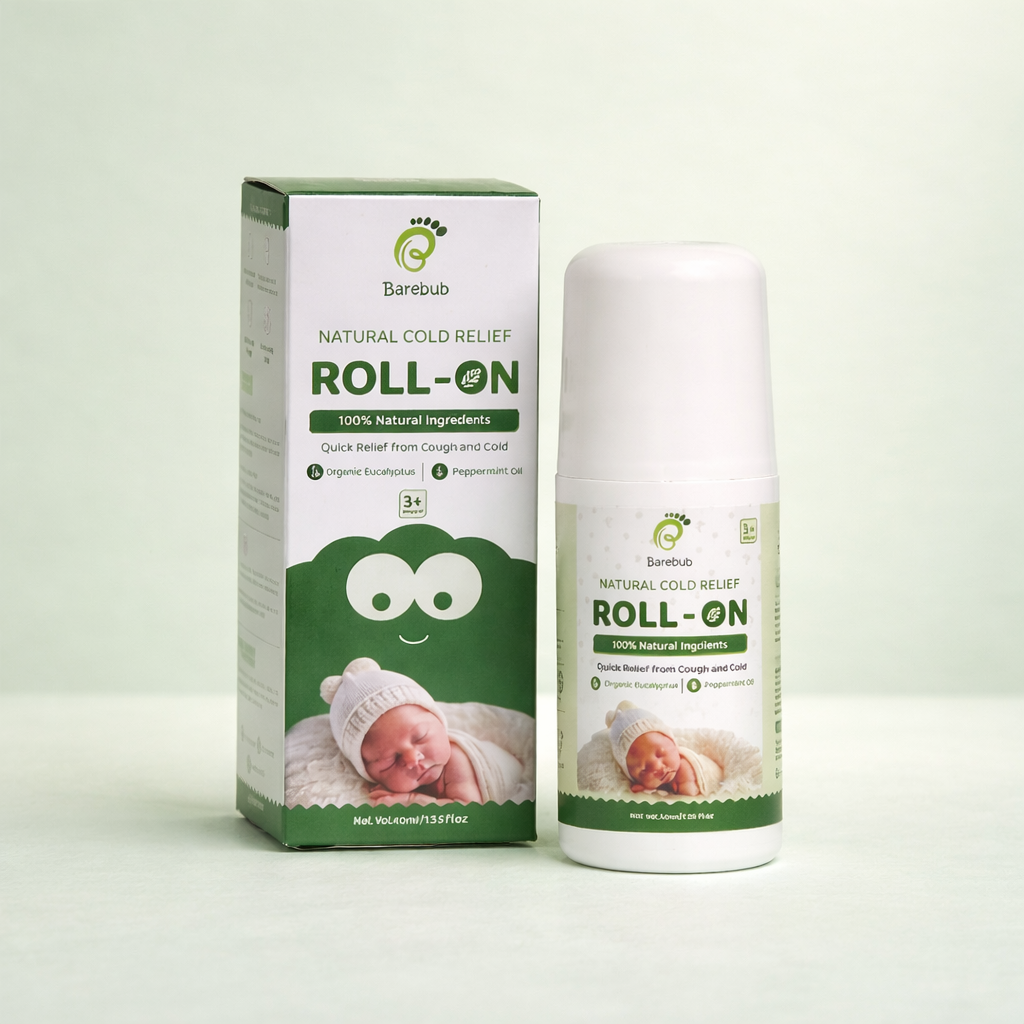 Barebub natural cold relief roll-on packaging with a baby image on a white background