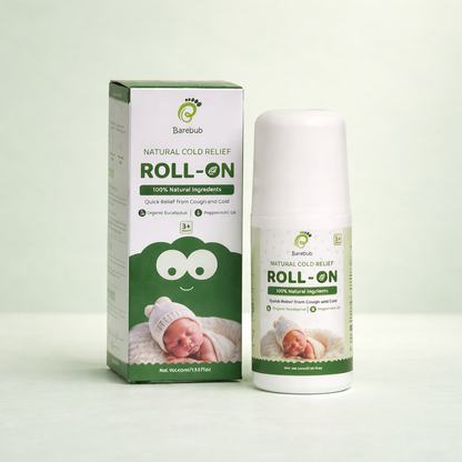 Barebub natural cold relief roll-on packaging with a baby image on a white background