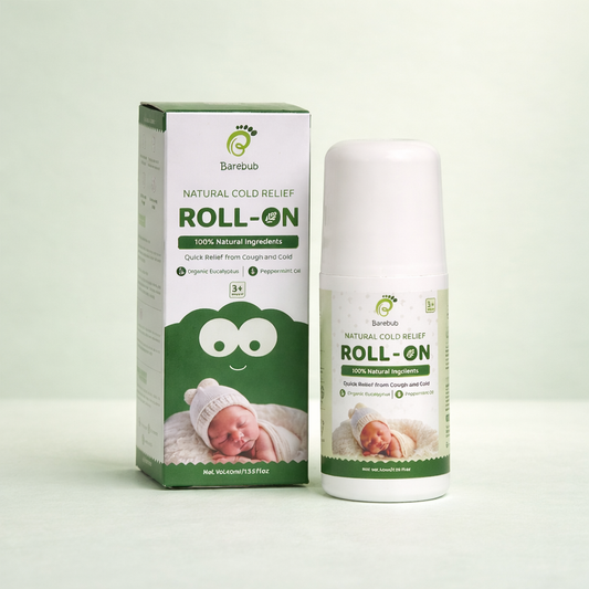 Barebub natural cold relief roll-on packaging with a baby image on a white background