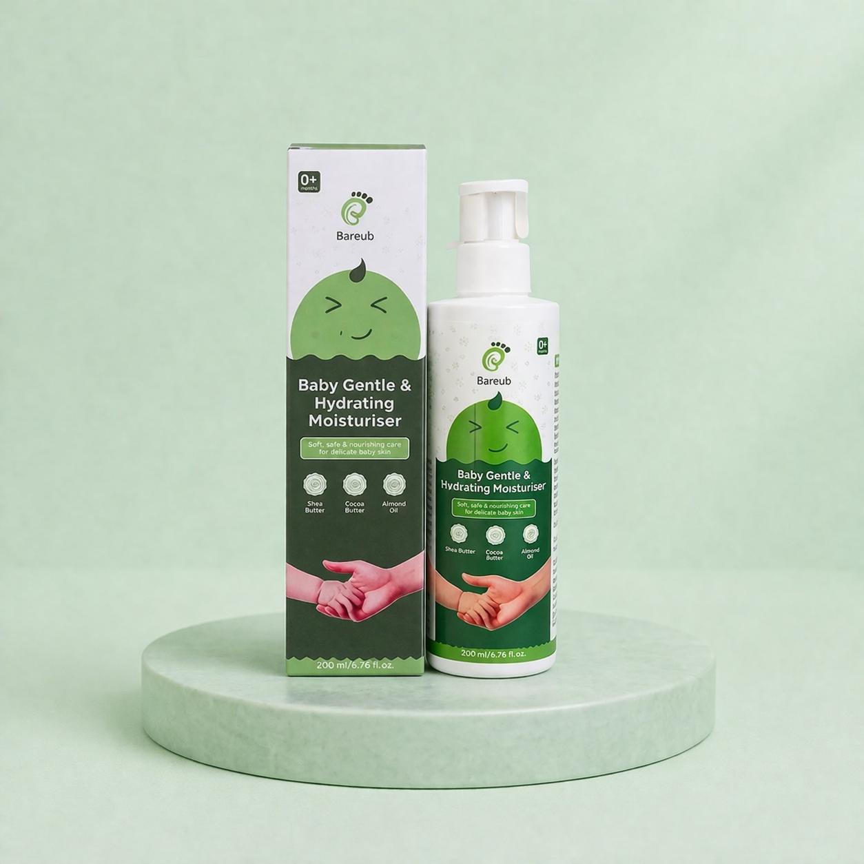 Baby gentle and hydrating moisturizer with packaging on a light green background