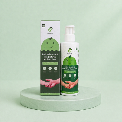 Baby gentle and hydrating moisturizer with packaging on a light green background