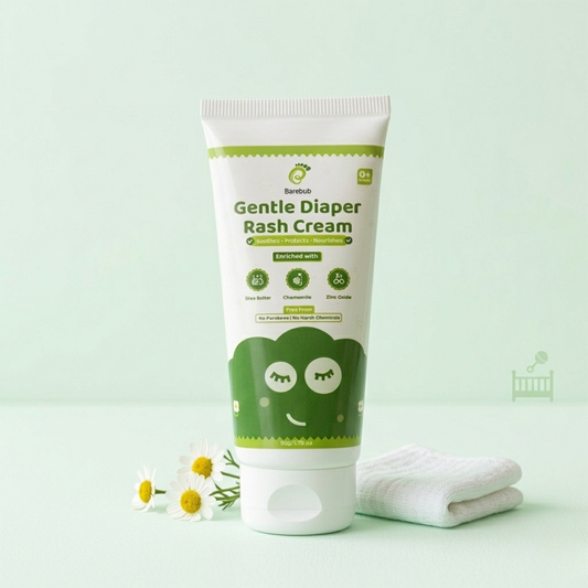 Tube of Gentle Diaper Rash Cream with a green label on a light green background